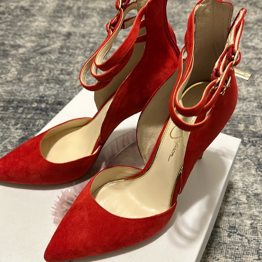 Jessica Simpson red suede shoes.